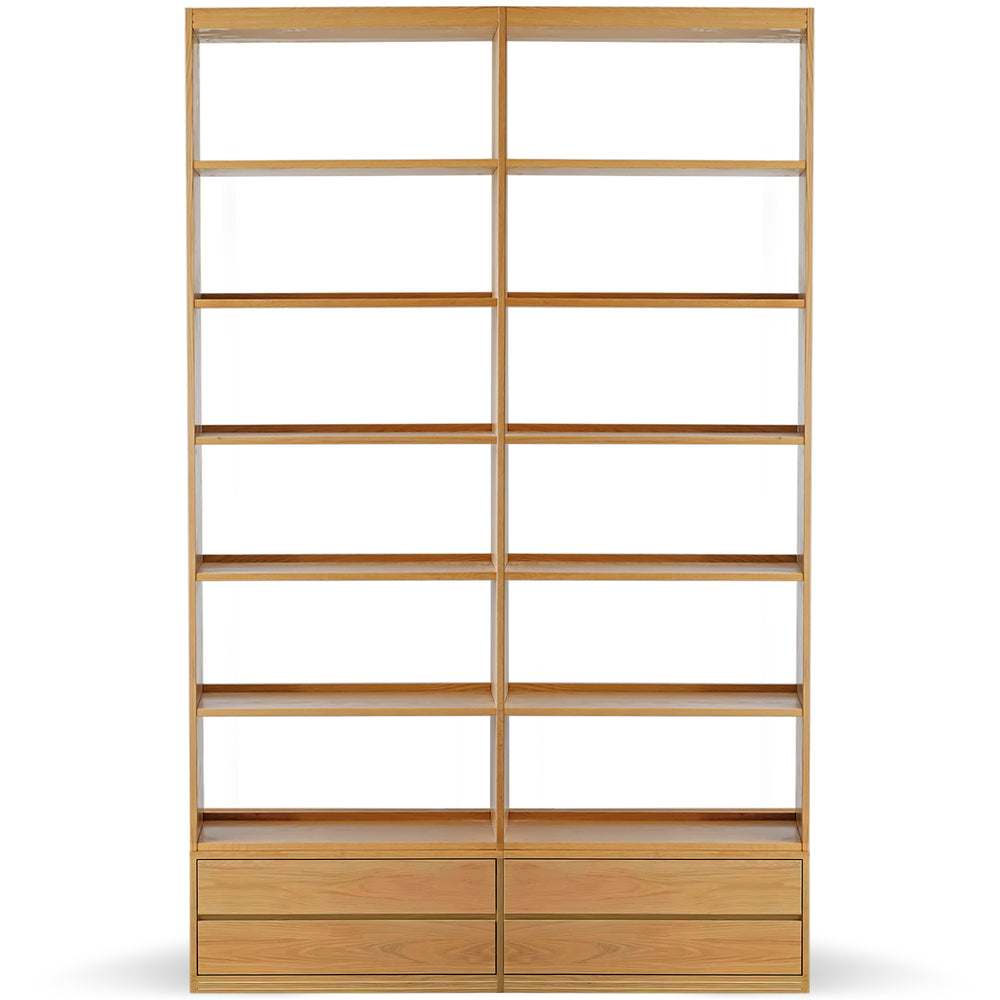 Scandinavian oak wood bookshelf shelfix in white background.