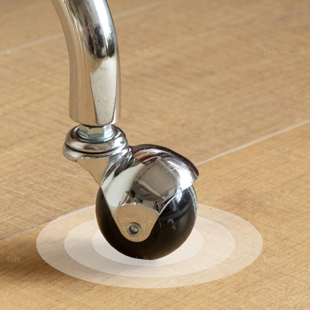Scandinavian oak wood dressing mirror shelf with caster wheels vista in close up details.