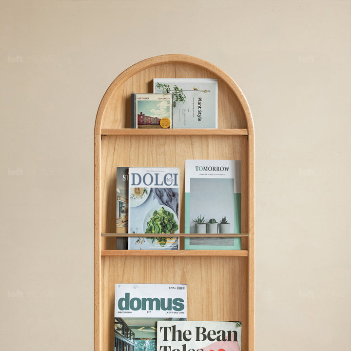 Scandinavian oak wood dressing mirror shelf with caster wheels vista in panoramic view.