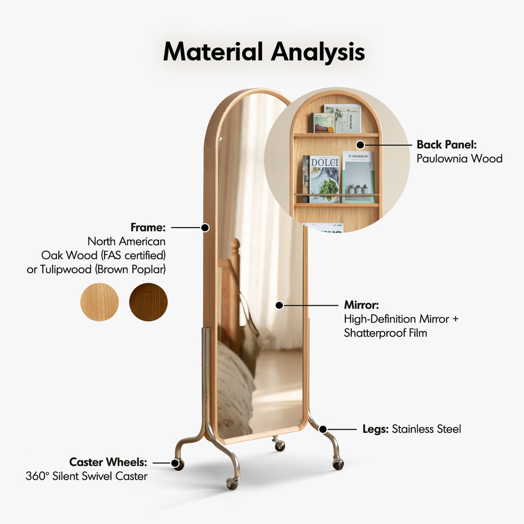 Scandinavian oak wood dressing mirror shelf with caster wheels vista conceptual design.