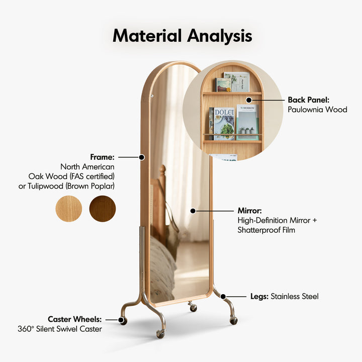 Scandinavian oak wood dressing mirror shelf with caster wheels vista conceptual design.