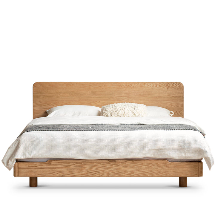Scandinavian oak wood floating bed glide in white background.