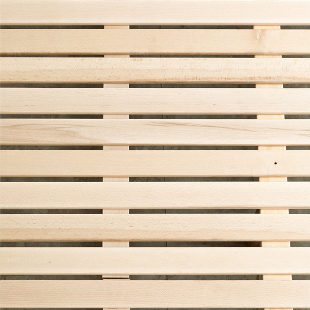 Scandinavian oak wood floating bed glide in still life.