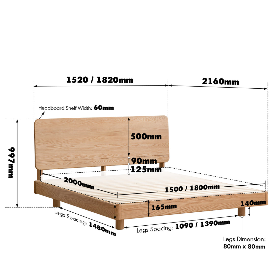 Scandinavian oak wood floating bed glide size charts.