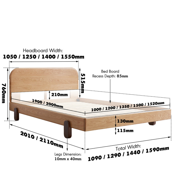 Scandinavian oak wood kids bed peblo size charts.