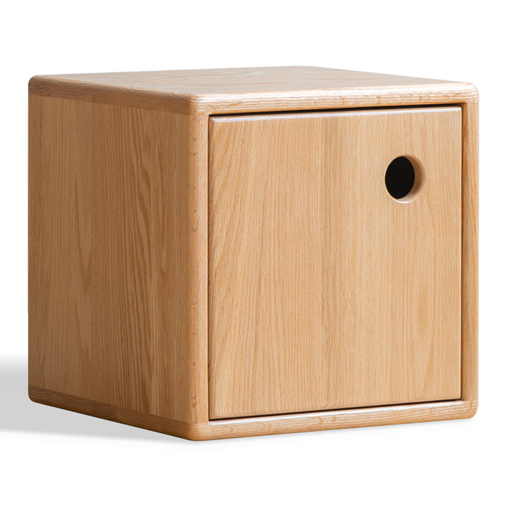 Scandinavian oak wood modular storage cabinet dice in still life.