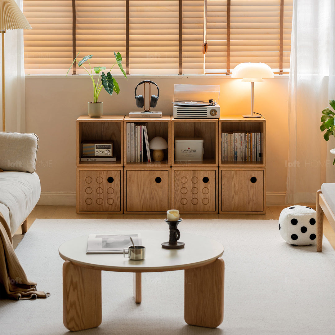 Scandinavian oak wood modular storage cabinet dice in real life style.