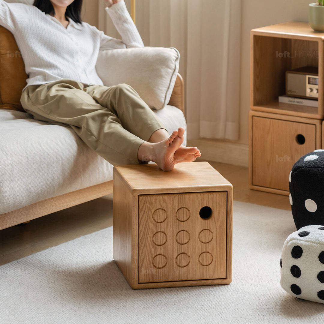 Scandinavian oak wood modular storage cabinet dice in details.