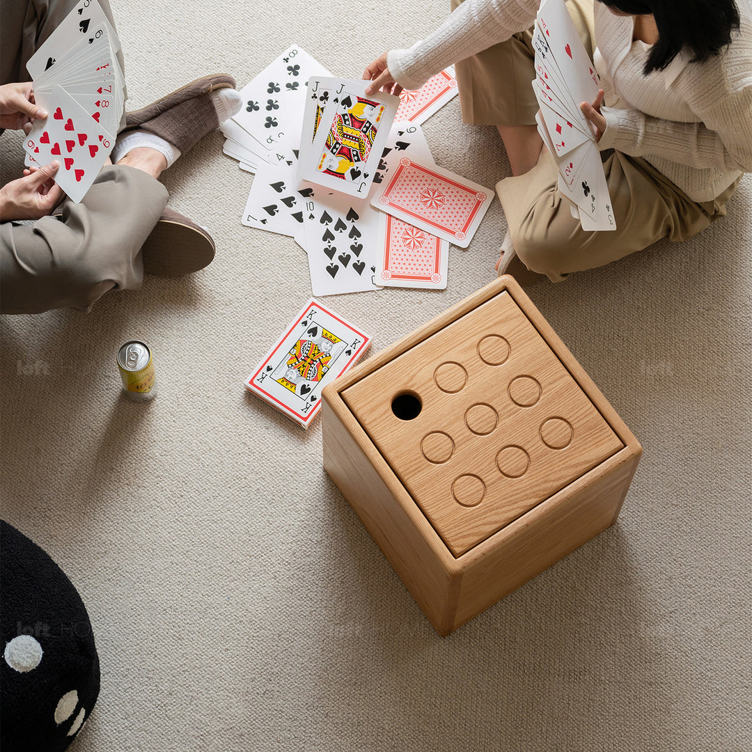 Scandinavian oak wood modular storage cabinet dice in close up details.