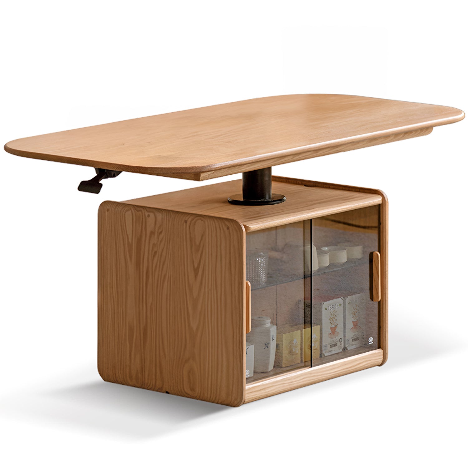 Scandinavian Oak Wood Tempered Glass Height Adjustable Coffee Table LI ...