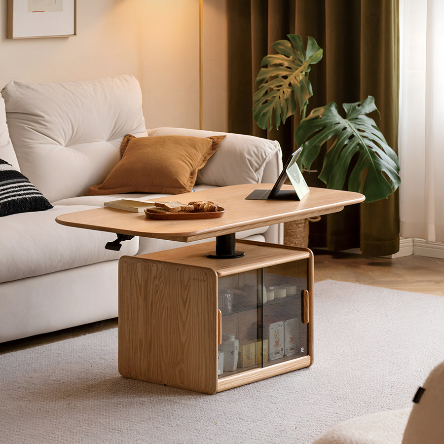 Scandinavian oak wood tempered glass height adjustable coffee table lift primary product view.
