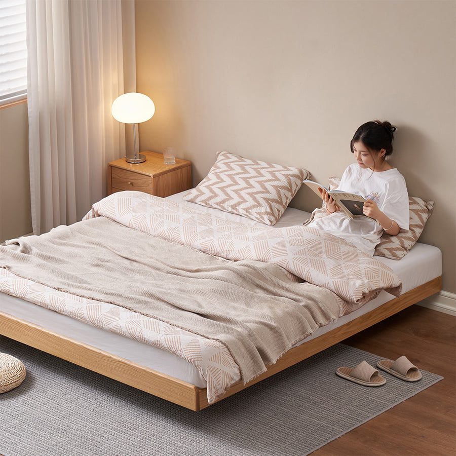 Scandinavian oak wood platform floating bed nora primary product view.