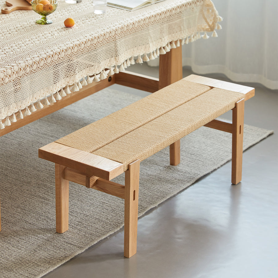 Scandinavian oak wood woven rope dining bench ora primary product view.