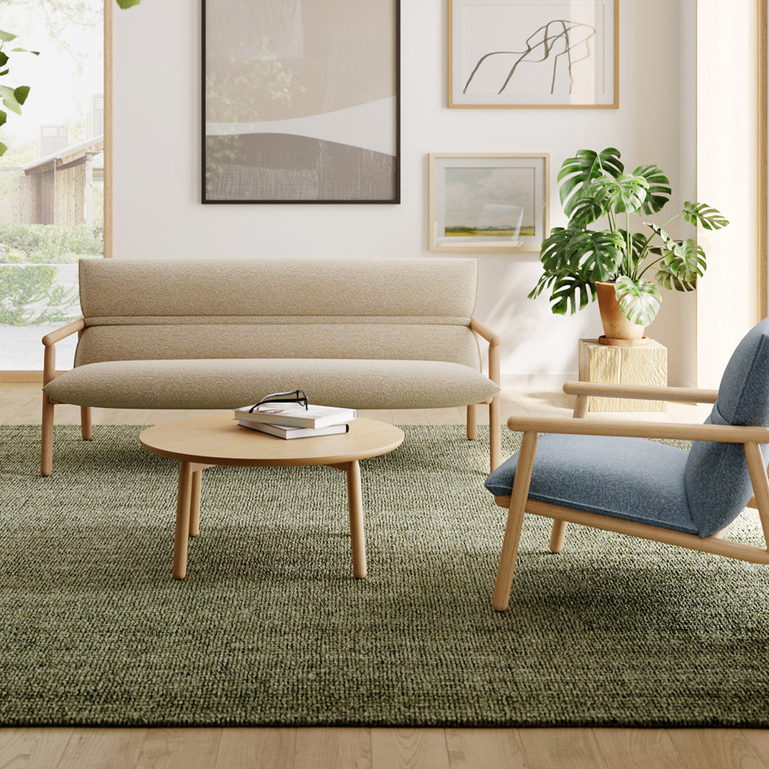 Scandinavian oak wood round coffee table may material variants.