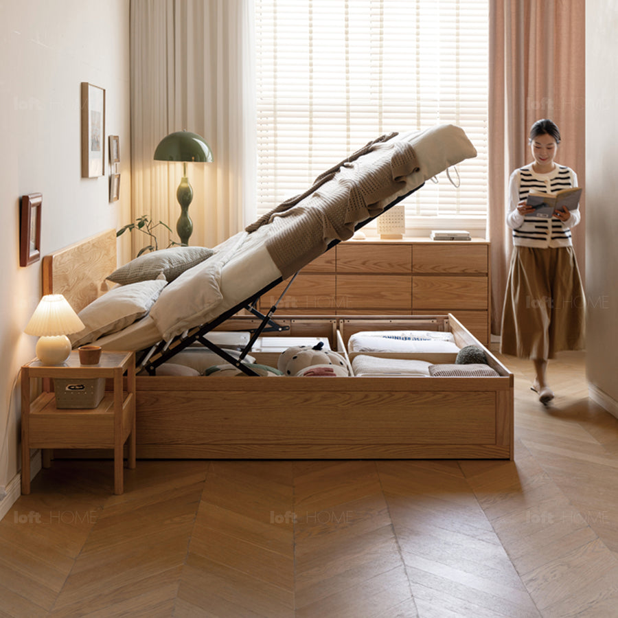 Scandinavian oak wood storage bed solace primary product view.
