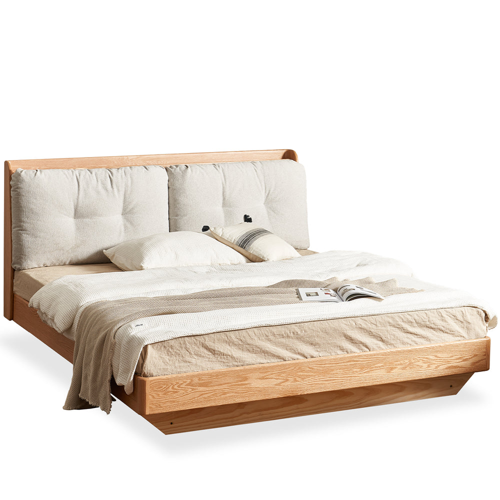 Scandinavian oak wood chenille velvet fabric floating storage bed haven in white background.