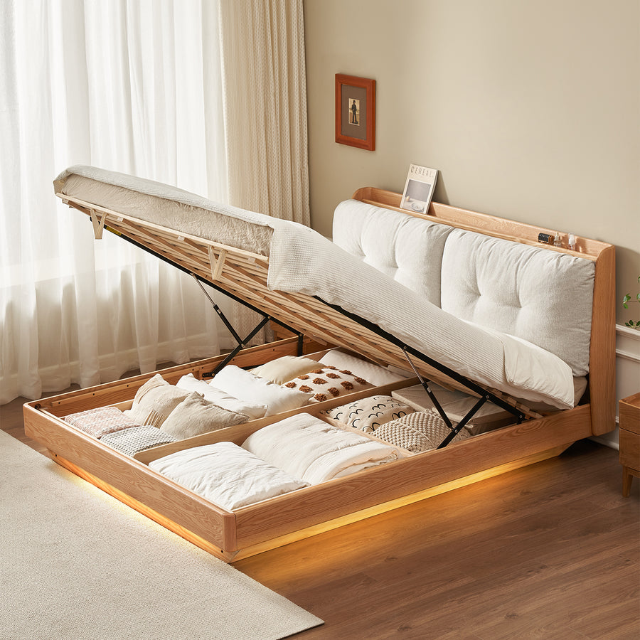 Scandinavian oak wood chenille velvet fabric floating storage bed haven primary product view.