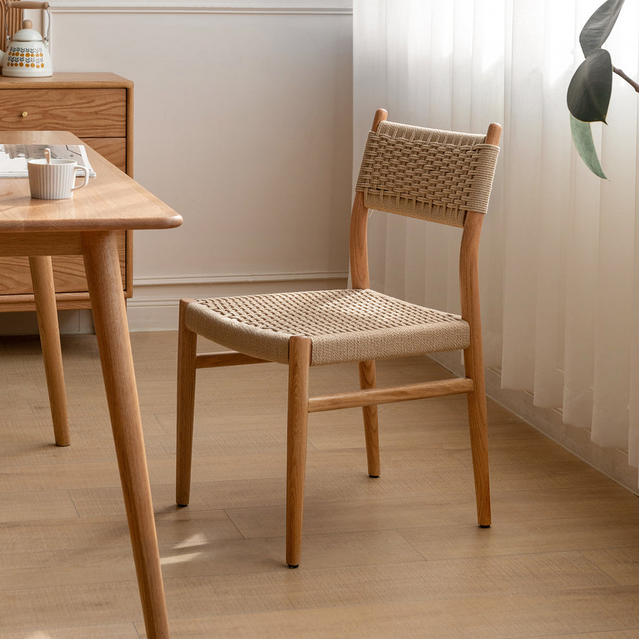 Scandinavian oak wood woven rope dining chair weave primary product view.
