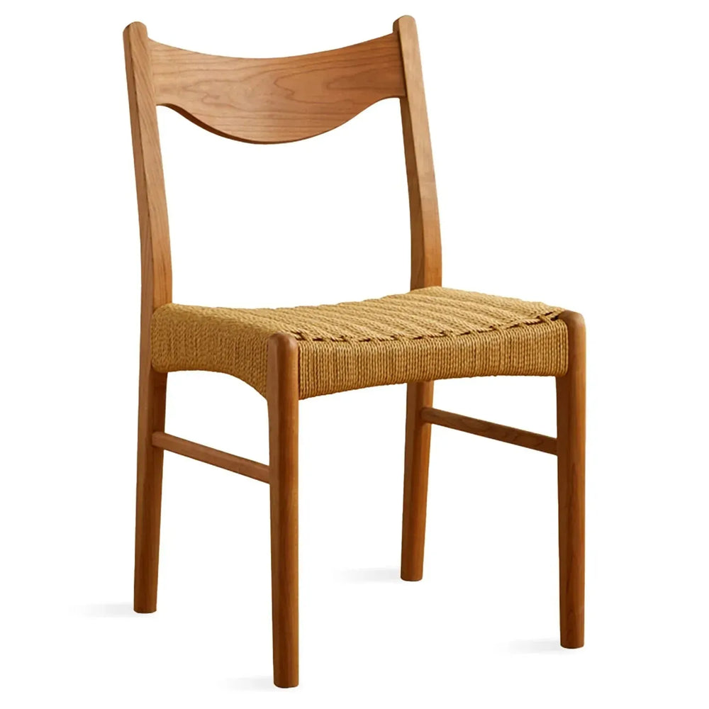 Scandinavian cherry wood woven rope dining chair surge in white background.