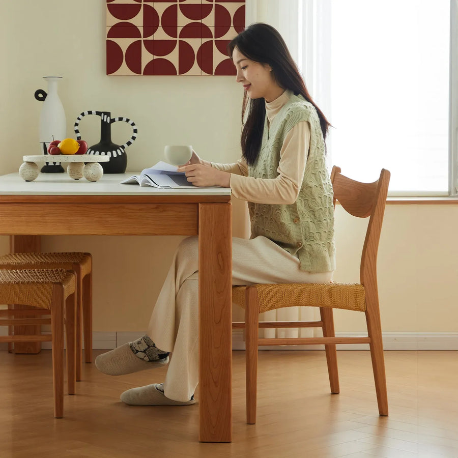Scandinavian cherry wood woven rope dining chair surge primary product view.