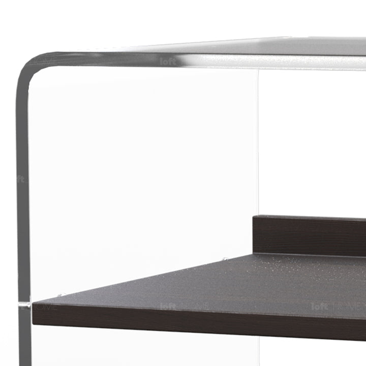 Scandinavian transparent acrylic side table zenith in panoramic view.