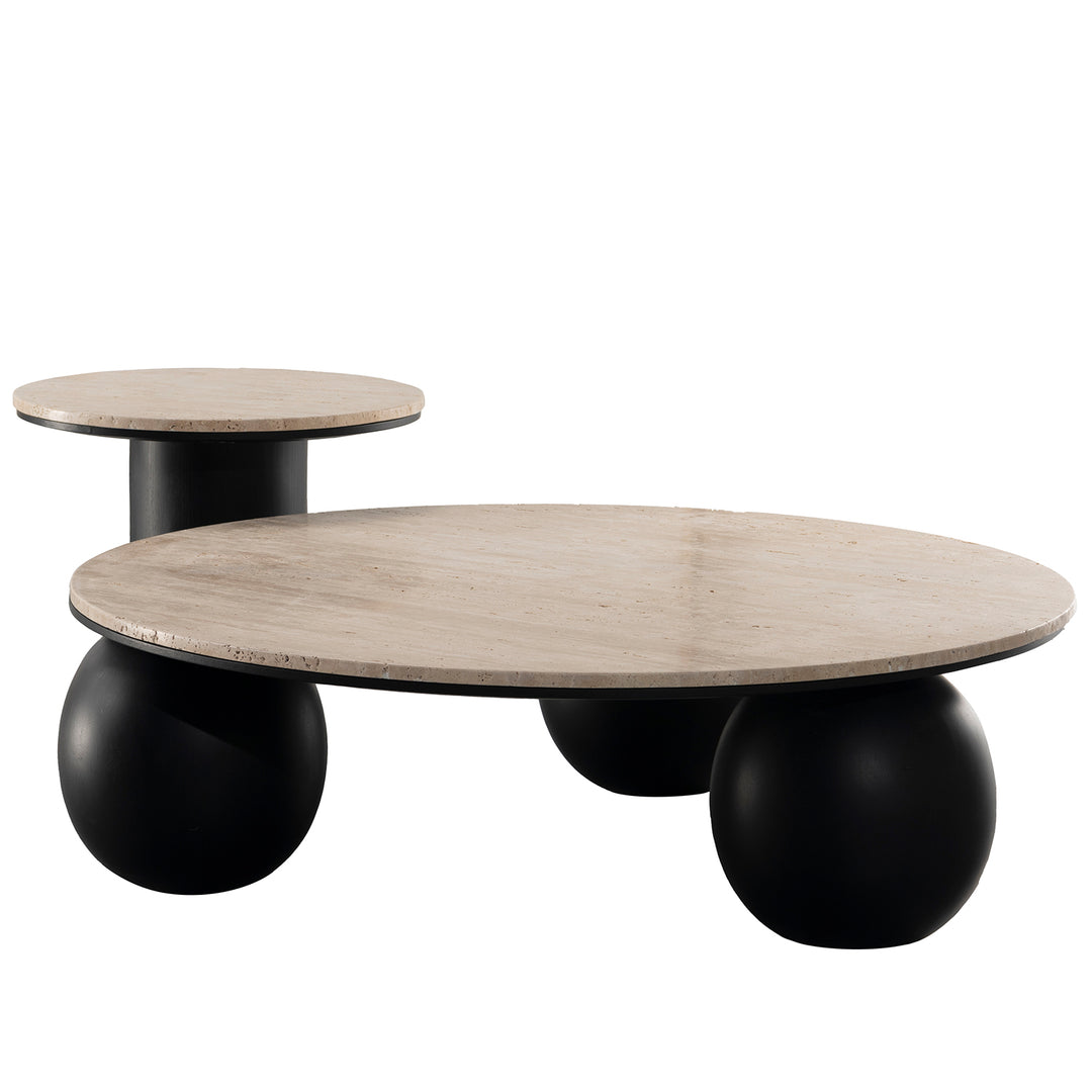 Japandi travertine stone coffee table muckety in panoramic view.