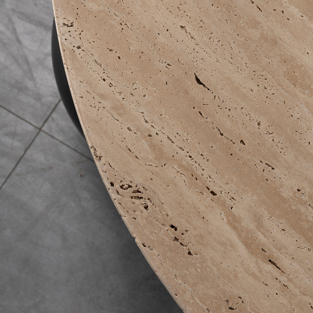 Japandi travertine stone coffee table muckety in real life style.