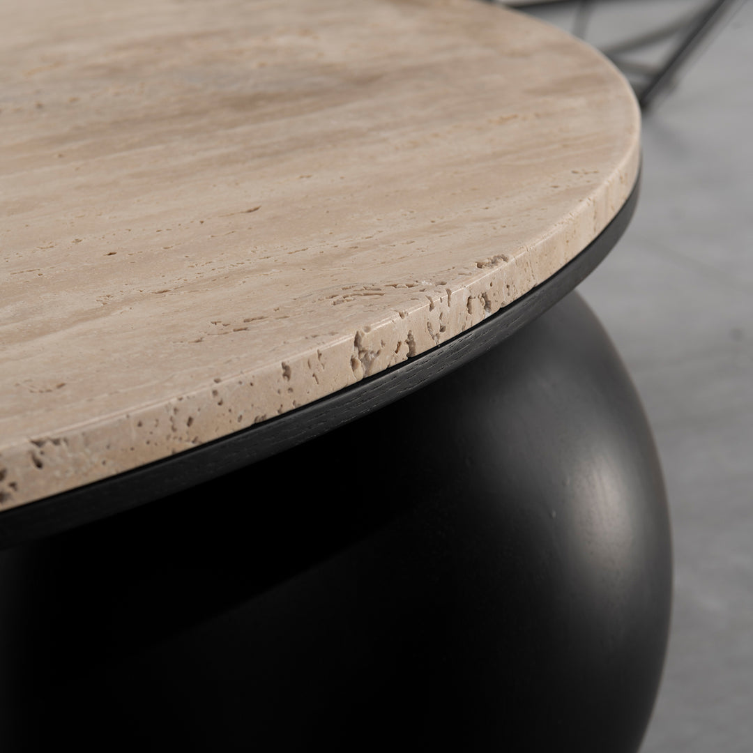 Japandi travertine stone coffee table muckety with context.