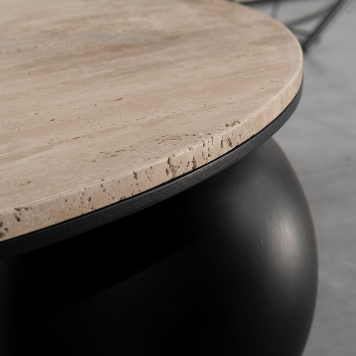 Japandi travertine stone coffee table muckety with context.