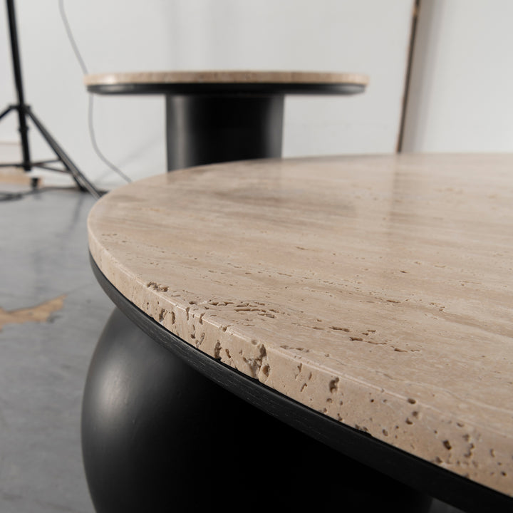 Japandi travertine stone coffee table muckety in close up details.