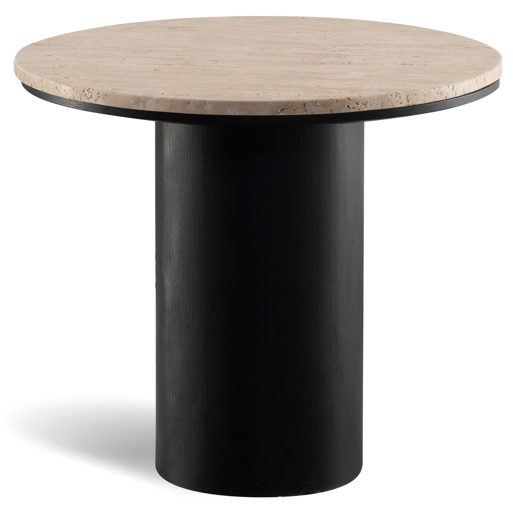 Japandi travertine stone side table muckety in white background.