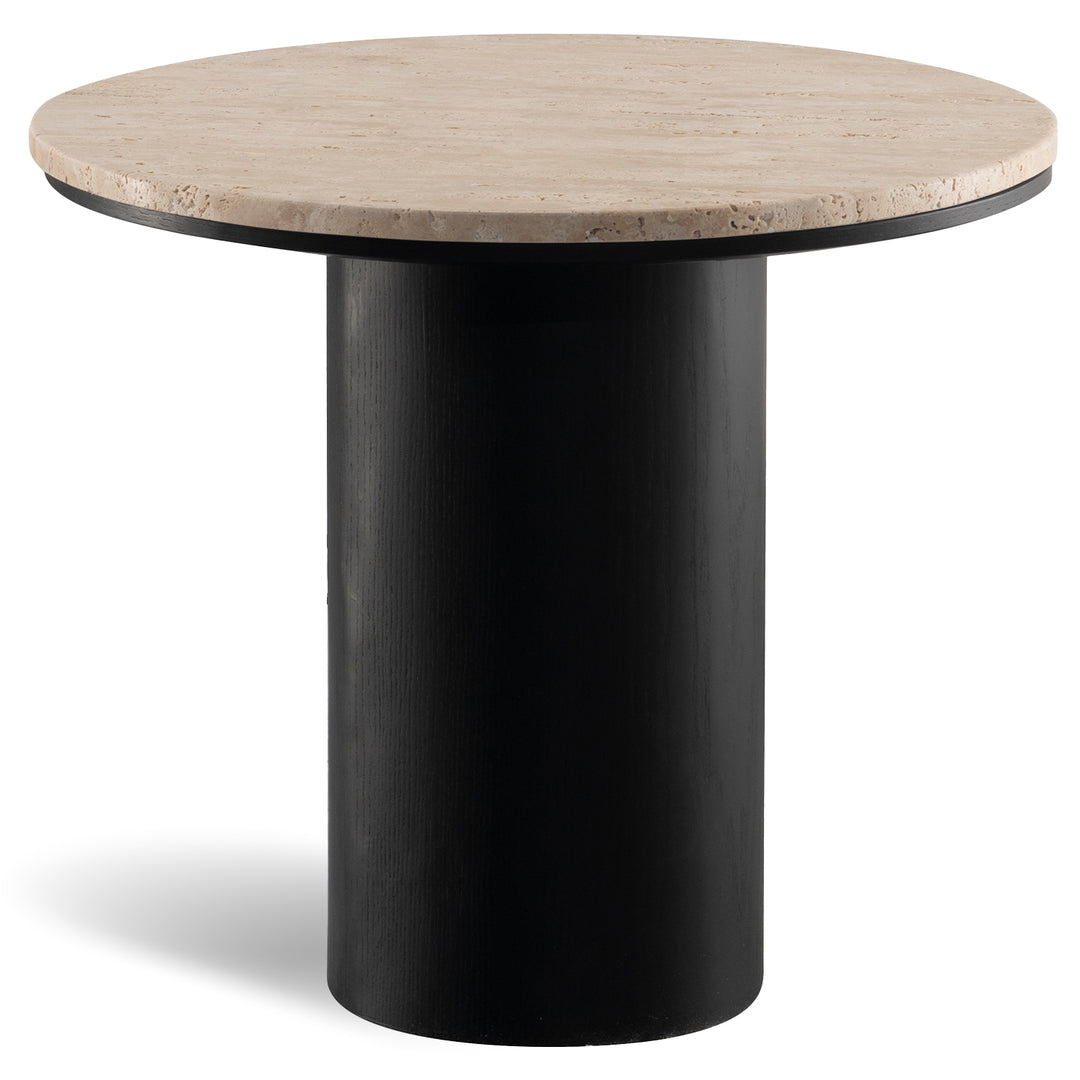 Japandi travertine stone side table muckety in white background.