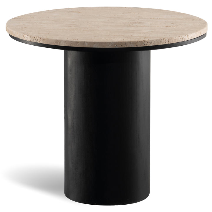 Japandi travertine stone side table muckety in white background.