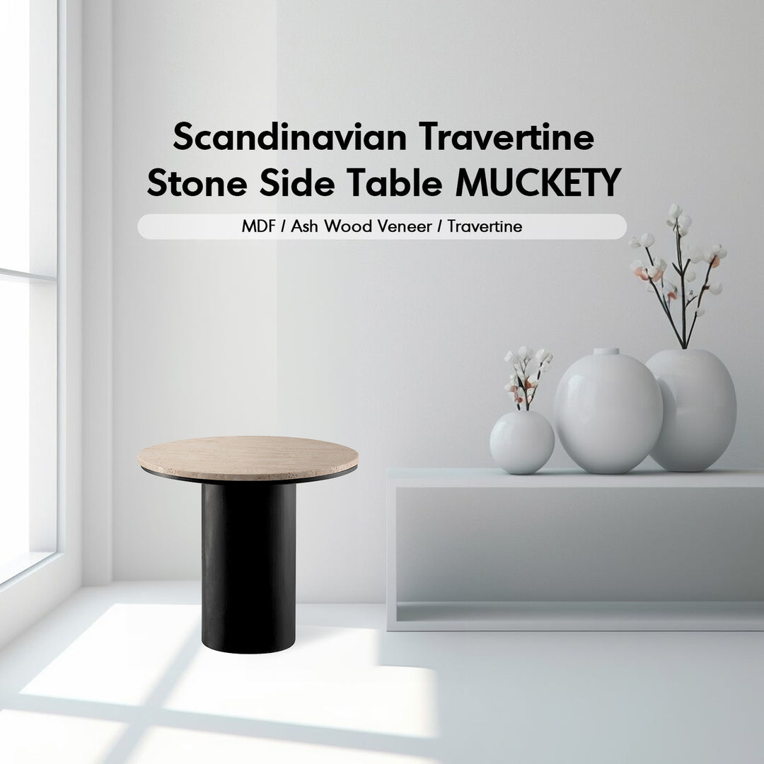 Japandi travertine stone side table muckety material variants.
