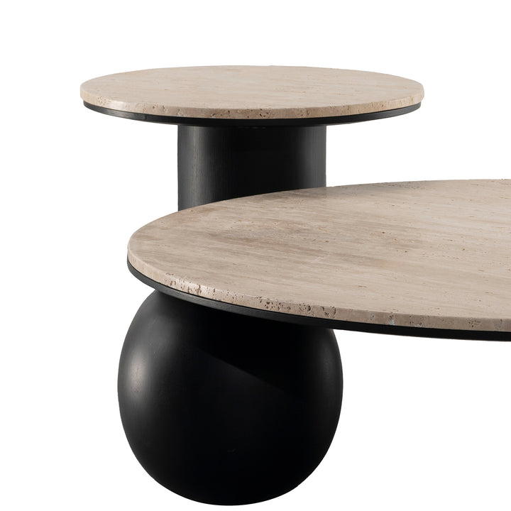 Japandi travertine stone side table muckety in close up details.