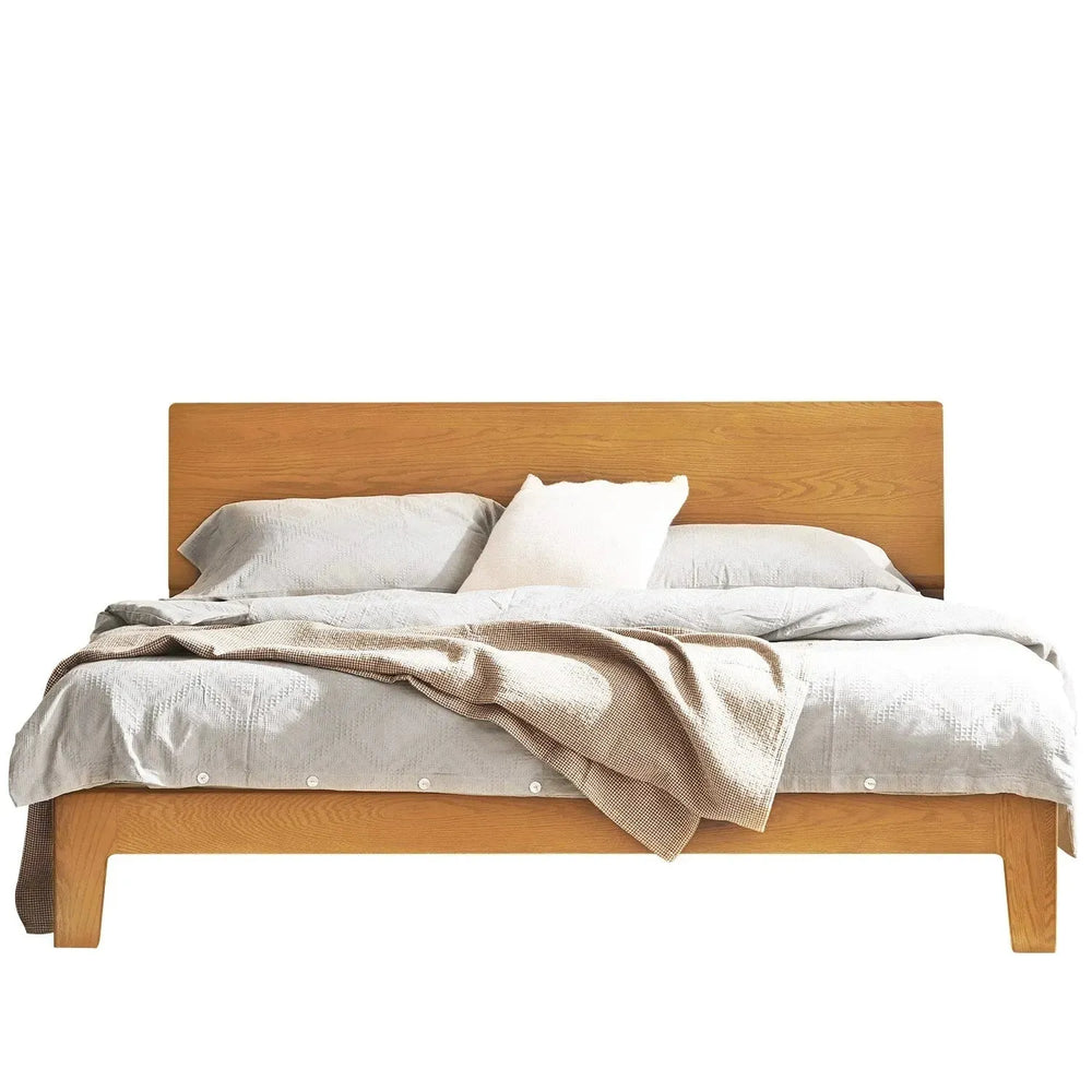 Scandinavian oak wood bed aperture in white background.