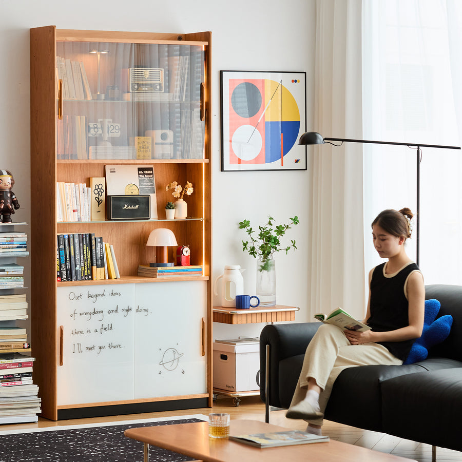 Scandinavian cherry wood bookshelf display cabinet timeless in white background.
