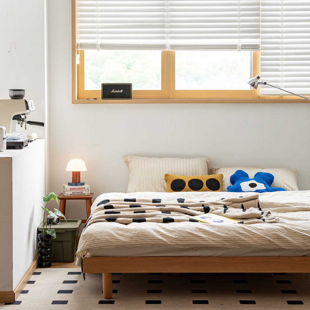 Scandinavian cherry wood platform bed isle in details.