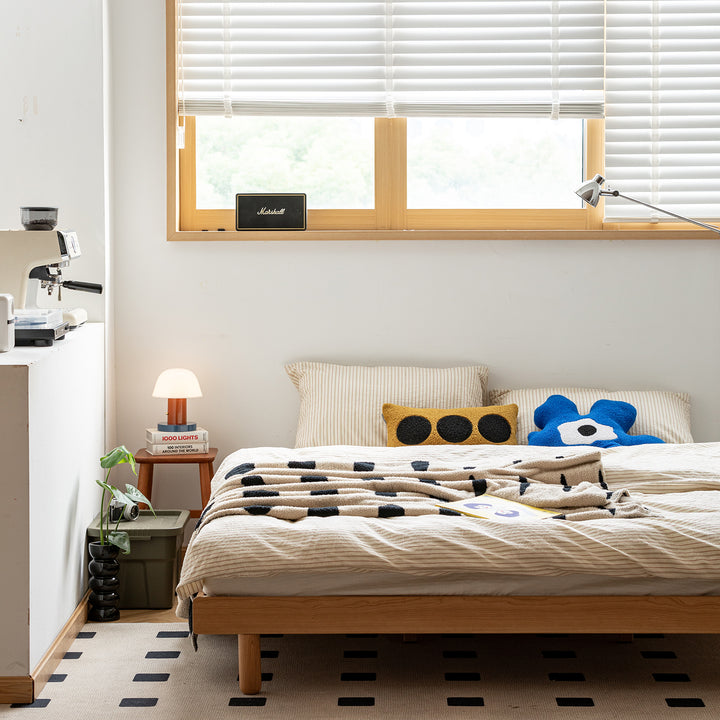Scandinavian cherry wood platform bed isle in details.