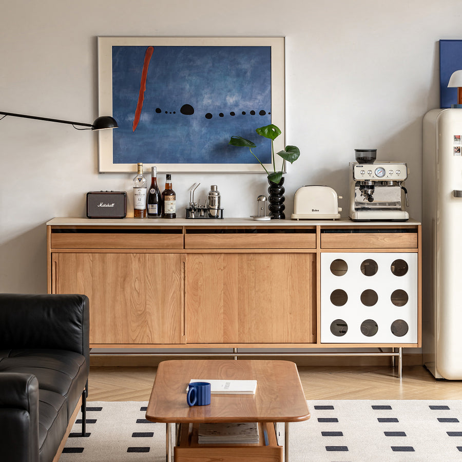 Scandinavian cherry wood sintered stone cabinet timeless in white background.