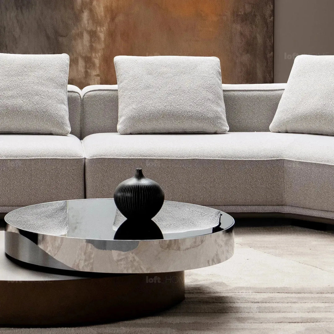 Minimalist mixed weave fabric modular l shape sectional sofa eleganza 4+l in panoramic view.