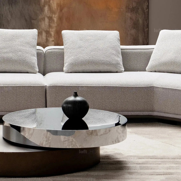 Minimalist mixed weave fabric modular l shape sectional sofa eleganza 4+l in panoramic view.