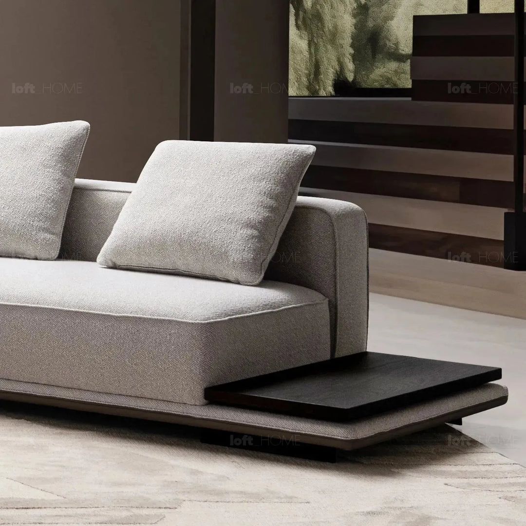 Minimalist mixed weave fabric modular l shape sectional sofa eleganza 7+l in panoramic view.