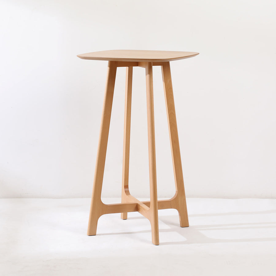 Scandinavian oak wood veneer round bar table orbit in white background.