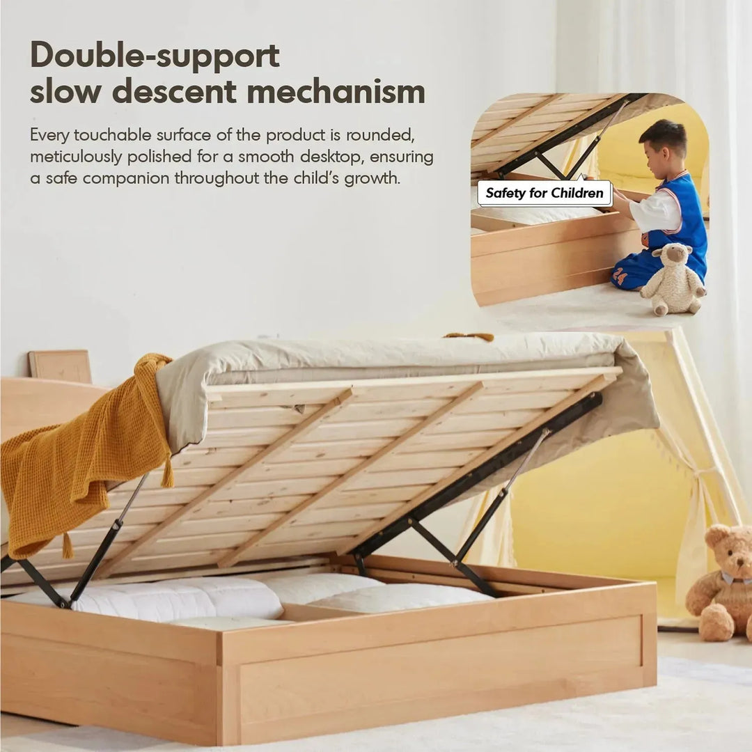 Scandinavian wood kids storage bed bear in still life.
