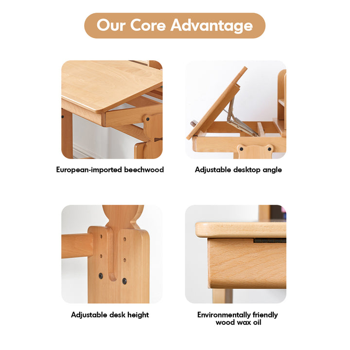 Scandinavian wood kids study table elevate in close up details.