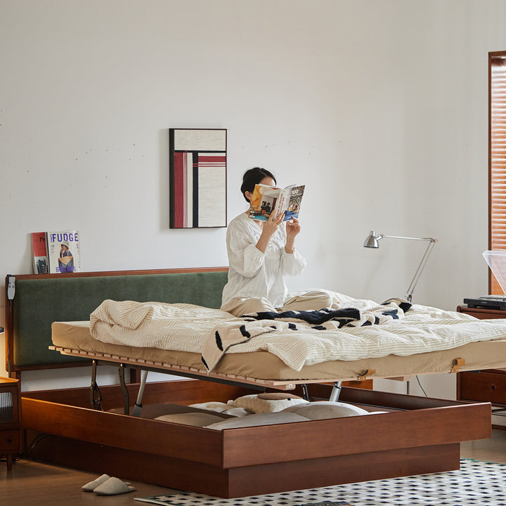 Vintage boxwood electric lift-up storage bed qisu in white background.