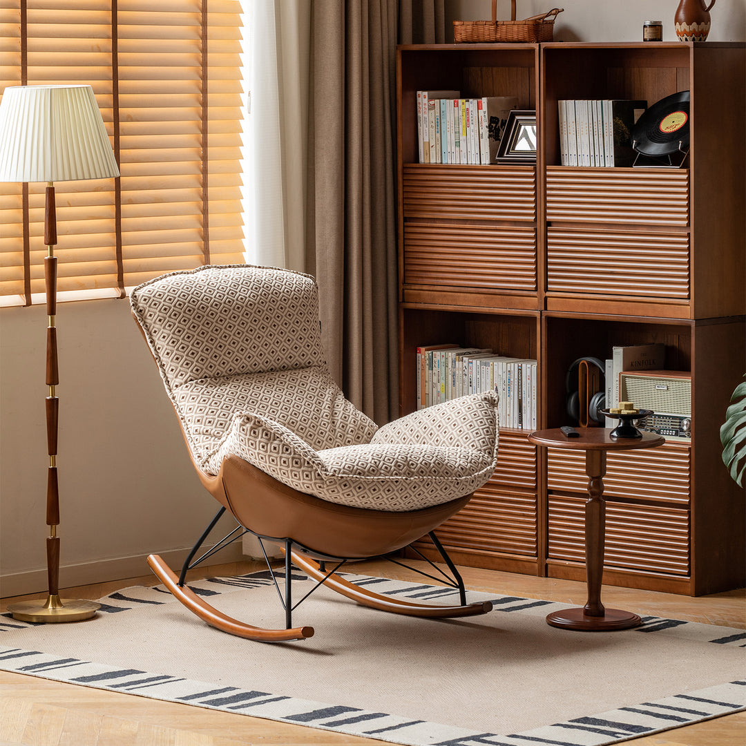 Vintage mixed weave fabric racking chair 1 seater sofa with ottoman eggshell in real life style.