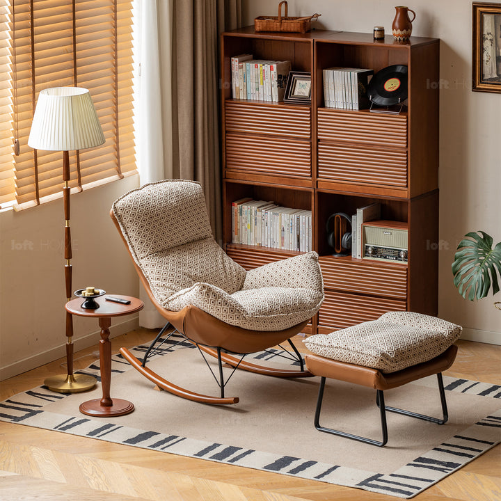 Vintage mixed weave fabric racking chair 1 seater sofa with ottoman eggshell material variants.