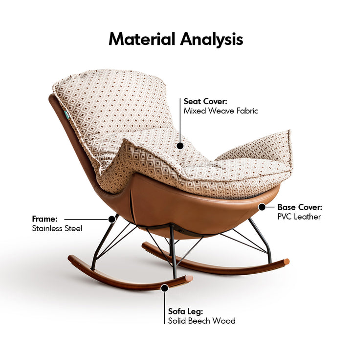 Vintage mixed weave fabric racking chair 1 seater sofa with ottoman eggshell in close up details.